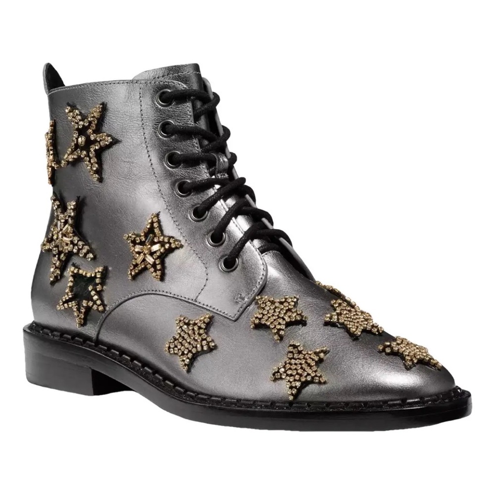 Coach Gray Lace Up Ankle Boots with Metallic Star Accents